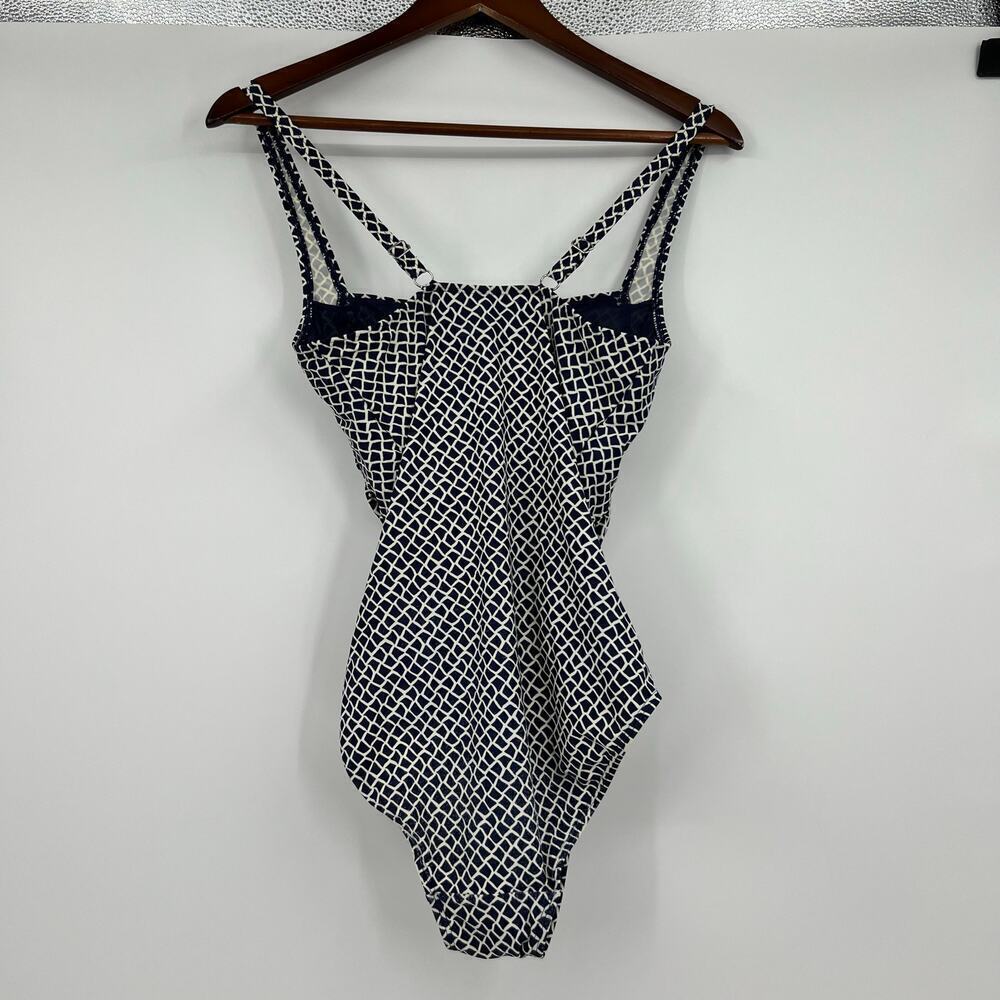 LL Bean Navy Blue & White geometric print square neck swimsuit SPF 50 size 12 - Picture 4 of 8